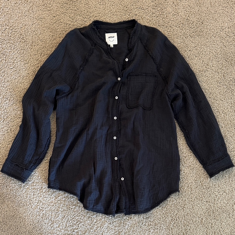 aerie Black Textured Gauze Button-Up